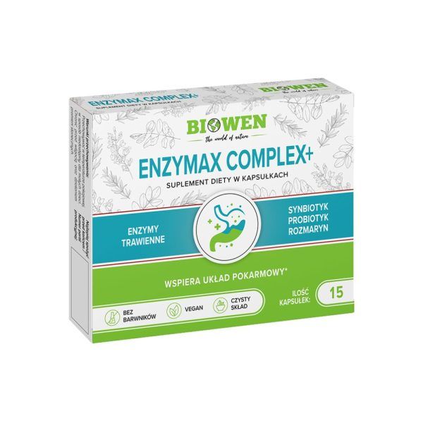 Förpackning med Biowen Enzymax Complex+ kosttillskott för matsmältningen.