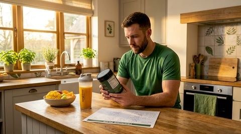 Man granskar etiketten på en burk med kosttillskott i köket